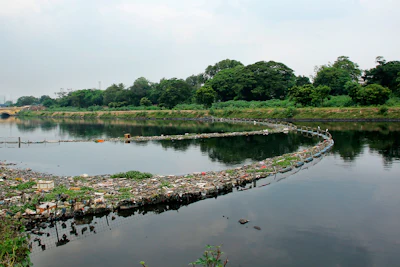 In this July 2018 photo provided by AlphaMERS Ltd, a floating fence collects trash in the Cooum River in Chennai, India. Many novel devices are being used or tested worldwide to trap plastic trash in rivers and smaller streams before it can get into the ocean.