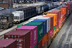 Freight train cars and containers at Norfolk Southern Railroad's Conway Yard, Conway, Pa., April 2, 2021.