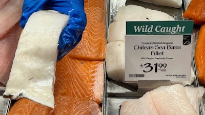 Fillets of Chilean sea bass, caught near the U.K.-controlled South Georgia island, at a Whole Foods Market in Cleveland, June 17, 2022.