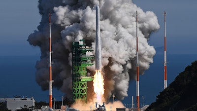 The Nuri rocket, the first domestically produced space rocket, lifts off from a launch pad at the Naro Space Center in Goheung, South Korea, Tuesday, June 21, 2022. South Korea launched its first domestically built space rocket on Tuesday in the country's second attempt, months after its earlier liftoff failed to place a payload into orbit.