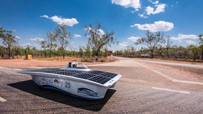 The GAMF Hungary car from Hungary competes during the first day of the 2015 World Solar Challenge near Katherine, Australia, on Sunday, Oct. 18, 2015. Australia’s new government is putting climate change at the top of its legislative agenda when Parliament sits next month for the first time since the May 21 election, with bills to enshrine a cut in greenhouse gas emissions and make electric cars cheaper, a minister said on Wednesday.