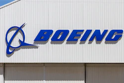 Boeing logo on a building at the Southern California Logistics Airport, Victorville, Calif., March 2017.