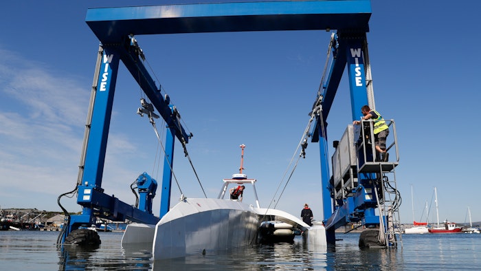 The sleek autonomous trimaran docked in Halifax, Nova Scotia on Sunday, June 5, 2022, after more than five weeks crossing the Atlantic Ocean from England, according to tech company IBM, which helped build it.