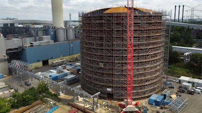 A vast thermal tank to store hot water is pictured in Berlin, Germany, Thursday, June 30, 2022. Power provider Vattenfall unveiled a new facility in Berlin on Thursday that turns solar and wind energy into heat, which can be stored in a vast thermal tank and released into the German capital's grid as needed, smoothing out the fluctuating supply problem of renewables.