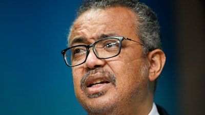 The head of the World Health Organization, Tedros Adhanom Ghebreyesus speaks during a media conference at an EU Africa summit in Brussels on Feb. 18, 2022. The World Health Organization says monkeypox still does not warrant being declared a global emergency even though it's spreading in more than 70 countries. The decision announced on Saturday was the second time within weeks that WHO’s emergency committee declined to classify the unprecedented outbreak of the once-rare disease as an emergency.