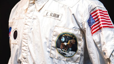 This photo provided on Tuesday, July 26, 2022, by Sotheby's, shows a jacket worn by astronaut Edwin 'Buzz' Aldrin on the historic first mission to the moon's surface in 1969, which sold for nearly $2.8 million at auction.