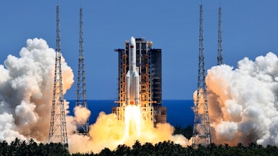 In this photo released by Xinhua News Agency, the Long March 5B Y3 carrier rocket, carrying Wentian lab module blasts off from the Wenchang Space Launch Center in Wenchang in southern China's Hainan Province Sunday, July 24, 2022. Debris from the rocket that boosted part of China’s new space station into orbit fell into the sea in the Philippines on Sunday, July 31, the Chinese government announced. Most of the final stage of the Long March-5B rocket burned up after entering the atmosphere at 12:55 a.m., the China Manned Space Agency reported.