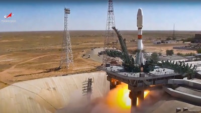 In this handout photo taken from video released by Roscosmos on Tuesday, Aug. 9, 2022, a Russian Soyuz rocket lifts off to carry Iranian Khayyam satellite into orbit at the Russian leased Baikonur cosmodrome near Baikonur, Kazakhstan. A Russian rocket has successfully launched an Iranian satellite into orbit. The Soyuz rocket lifted off as scheduled at 8:52 a.m. Moscow time (0552 GMT) Tuesday from the Russia-leased Baikonur launch facility in Kazakhstan.