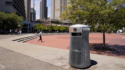 A prototype trash can called Salt and Pepper is seen near the Embarcadero in San Francisco on July 26, 2022. What takes years to make and costs more than $20,000? A trash can in San Francisco. The pricey, boxy bin is one of three custom-made trash cans the city is testing this summer as part of its yearslong search for another tool to fight its battle against dirty streets.