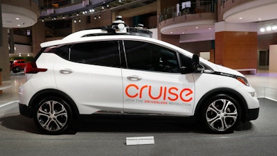 In this Jan. 16, 2019, file photo, Cruise AV, General Motor's autonomous electric Bolt EV is displayed in Detroit. An autonomous vehicle run by Cruise LLC got into a wreck while making a left turn, causing the company to update software and recall 80 vehicles. The San Francisco-based unit of General Motors says the crash happened June 3, 2022. The company says it filed recall paperwork at the request of federal safety regulators and to be transparent with the public.