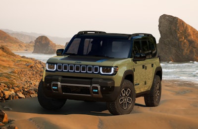 This photo provided by Stellantis shows the new, all-electric Jeep Recon. Jeep will start selling two fully electric SUVs in North America and another one in Europe over the next two years. The new EVs, Jeep's first, are part of the Stellantis brand's plans to convert half of its U.S. sales and all of its European sales to battery-electric vehicles by 2030.