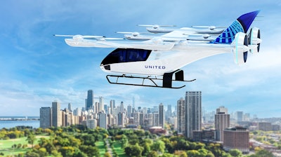 This image provided by United-Airlines shows an illustration of an electric powered air taxi. United Airlines sees a market in whisking travelers to the airport in small, electric-powered air taxis. United said Thursday, Sept. 8, 2022, that it has invested $15 million in a startup manufacturer. It also signed what it calls a “conditional” agreement to buy 200 air taxis with options for 200 more.