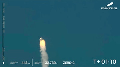 This image provided by Blue Origin shows a capsule containing science experiments after a launch failure on Monday, Sept. 12, 2022. Jeff Bezos' rocket company has suffered its first launch failure. No one was aboard, only science experiments. The Blue Origin rocket veered off course over West Texas about 1 1/2 minutes after liftoff Monday.