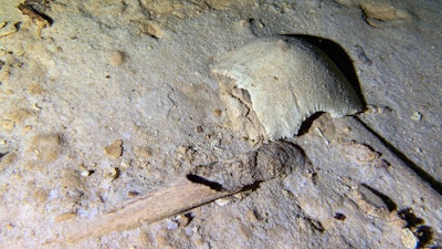 In this photo courtesy of Octavio del Rio, shows fragments of a pre-historic human skeleton partly covered by sediment in an underwater cave in Tulum, Mexico, Sept. 10, 2022.