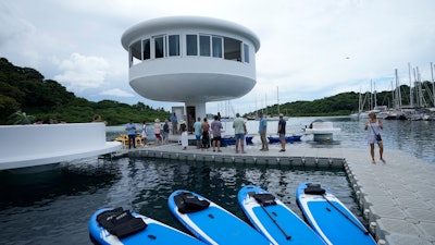 A SeaPod Eco prototype, the first of a futuristic line of homes built over water, is shown to the press in Linton Bay Marina, Panama, Thursday, Sept. 22, 2022.