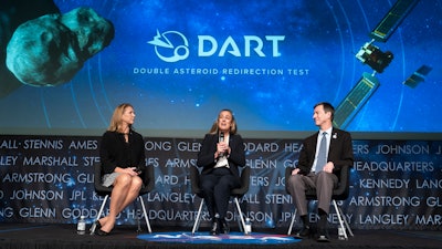 NASA Planetary Science Division director Lori Glaze, left, John Hopkins Applied Physics Laboratory DART coordination lead Nancy Chabot, and DART program scientist Tom Statler speak during a media briefing about the agency's recently completed Double Asteroid Redirection Test (DART), at NASA headquarters Tuesday, Oct. 11, 2022, in Washington.