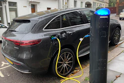 An electric vehicle charges at a public fast-charging station in London on Oct. 20, 2022.