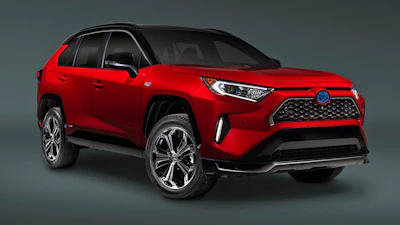This photo provided by Toyota shows the 2022 Toyota RAV4 Prime, a small plug-in hybrid SUV with an electric range of about 42 miles and a combined fuel economy rating of 38 mpg.