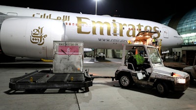 A shipment is offloaded from an Emirates Airlines Boing 777 at the Dubai International Airport in Dubai, United Arab Emirates on Feb. 21, 2021.