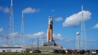 NASA's new moon rocket sits on Launch Pad 39-B Friday, Nov. 11, 2022, in Cape Canaveral, Fla.