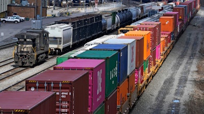 Freight train cars and containers at Norfolk Southern Railroad's Conway Yard in Conway, Pa., April 2, 2021.