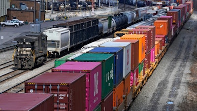 Freight train cars and containers at Norfolk Southern Railroad's Conway Yard in Conway, Pa., April 2, 2021.