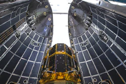 This undated photo provided by ispace in November 2022 shows the HAKUTO-R Mission 1 lunar lander encapsulated in a SpaceX Falcon 9 rocket in Cape Canaveral, Fla.
