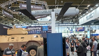 A Switchblade 600 loitering missile drone manufactured by AeroVironment is displayed at the Eurosatory arms show in Villepinte, north of Paris, on June 14, 2022.
