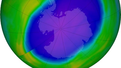 In this NASA false-color image, the blue and purple shows the hole in Earth's protective ozone layer over Antarctica on Oct. 5, 2022.