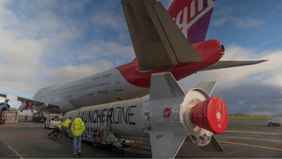 In this undated photo provided by Virgin Orbit on Monday, Jan. 9, 2023, Virgin Atlantic Cosmic Girl, a repurposed Virgin Atlantic Boeing 747 aircraft that will carry a rocket, is parked at Spaceport Cornwall, at Cornwall Airport in Newquay, England.