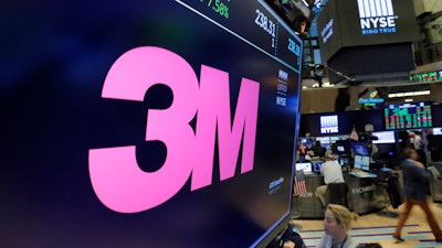 3M logo above the trading floor of the New York Stock Exchange, Oct. 24, 2017.