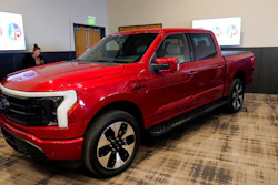 The Ford F-150 Lightning is displayed at the M1 Concourse car club, Wednesday, Jan. 11, 2023, in Pontiac, Mich. The vehicle won the 2023 North American Truck of the Year during an awards ceremony Wednesday.