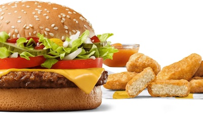 This image released by McDonald’s shows the McPlant plant-based burger and and the new plant-based McPlant Nuggets.