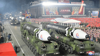 This photo provided by the North Korean government, shows what it says is Hwasong-17 intercontinental ballistic missiles during a military parade to mark the 75th founding anniversary of the Korean People's Army on Kim Il Sung Square in Pyongyang, North Korea, Wednesday, Feb. 8, 2023.