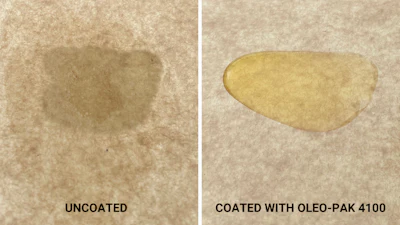 Uncoated paper (right) compared to paper coated with DetraPel OLEO-PAK 4100, a PFAS-free, pthalates-free and FDA-compliant coating designed for use on paper, cardboard and other packaging products.