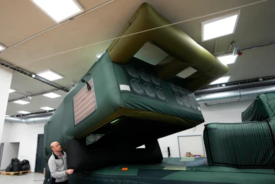 An inflatable decoy of High Mobility Artillery Rocket System (HIMARS) is presented to media in Decin, Czech Republic, Monday, March 6, 2023.
