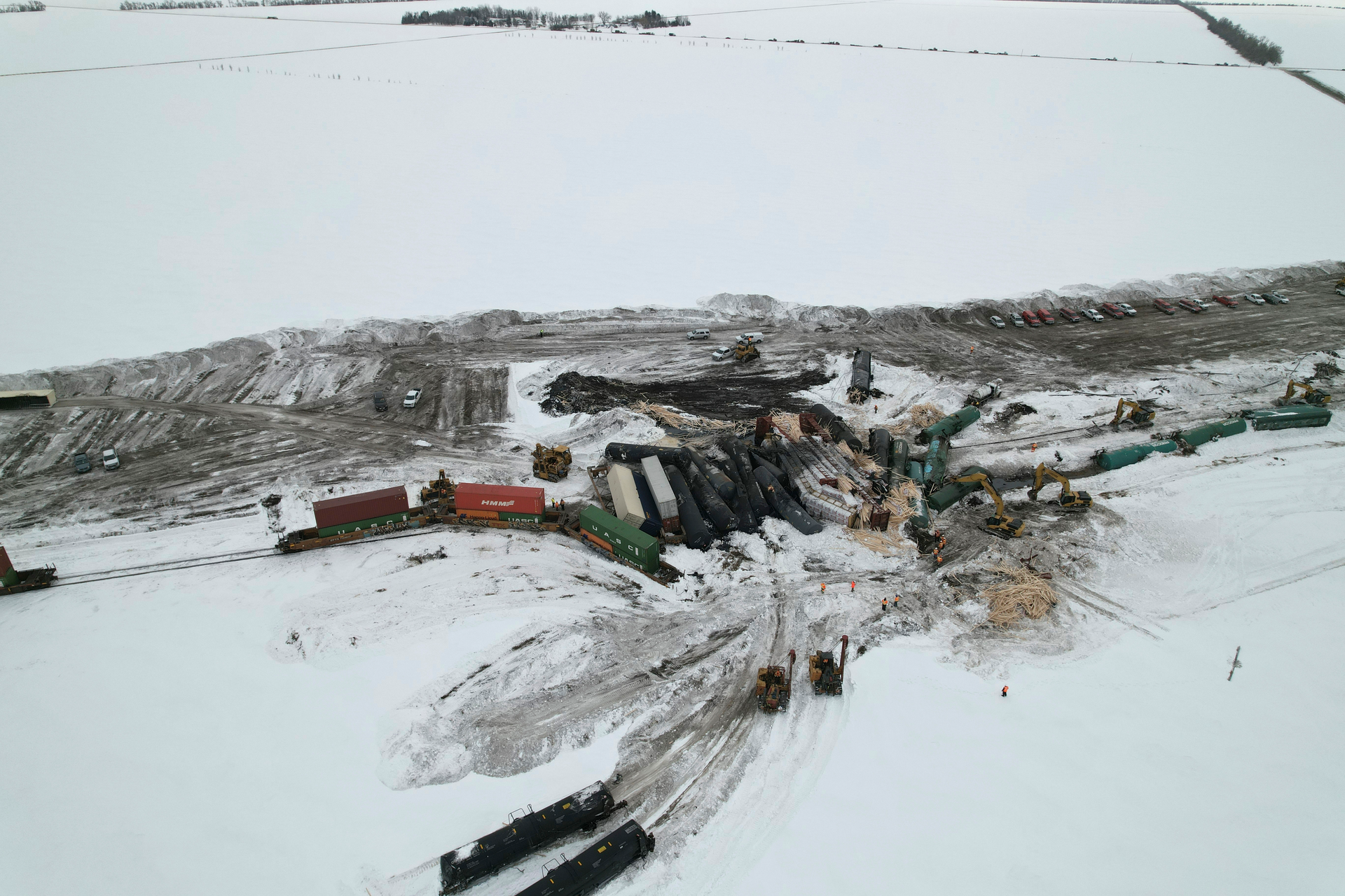 This photo provided by Joshua Henderson shows a Canadian Pacific train derailed in rural North Dakota on Sunday, March 26, 2023, which spilled hazardous materials, but local authorities and the railroad said there is no threat to public safety.