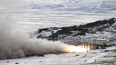 The Air Force Nuclear Weapons Center conducted its first full-scale static test fire of the LGM-35A Sentinel stage-one solid rocket motor at the Northrop Grumman test facility in Promontory, Utah, March 2, 2023.
