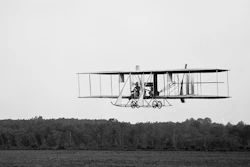 The Wright Brothers airplane being tested. Their plane was the first Military Plane Purchased by US. Biplane circa 1910.