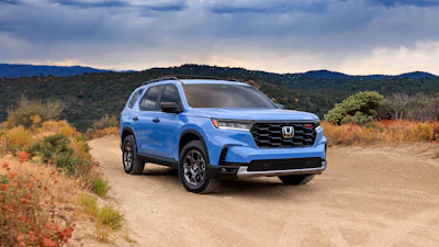 This photo provided by Honda shows the 2023 Honda Pilot, a midsize three-row SUV that was fully redesigned for the 2023 model year.