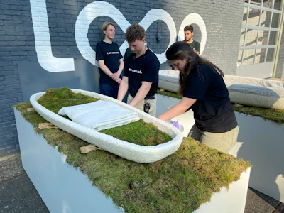 Dutch startup Loop Biotech displays cocoon-like coffins, grown from local mushrooms and up-cycled hemp fibres, designed to dissolve into the environment amid growing demand for more sustainable burial practices, in Delft, Netherlands, Monday, May 22, 2023.