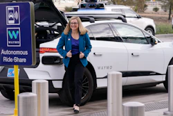 Phoenix Mayor Kate Gallego arrives in a self-driving vehicle, Friday, Dec. 16, 2022, at the Sky Harbor International Airport Sky Train facility in Phoenix.