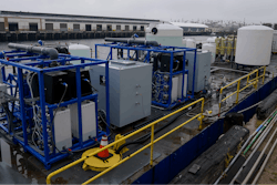 A demonstration site of a seawater-based carbon removal system is set up on a barge, Wednesday, April 12, 2023, in San Pedro, Calif.