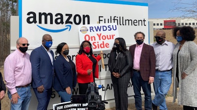 Democratic members of Congress join representatives of the Retail, Wholesale and Department Store Union outside an Amazon fulfillment center, Bessemer, Ala., March 5, 2021.