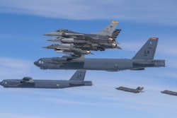In this photo provided by the South Korean Defense Ministry, U.S. B-52H bombers, center, and F-16 fighter jets and South Korean Air Force F-35A fighter jets, right bottom, fly over the Korean Peninsula during a joint air drill in South Korea on April 14, 2023.