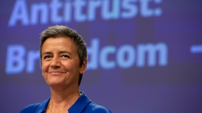 European Commissioner for Competition Margrethe Vestager speaks during a media conference regarding an anti-trust decision on Broadcom at EU headquarters in Brussels, Wednesday, Oct. 16, 2019.