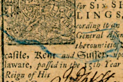 In this image provided by Proceedings of the National Academy of Sciences, blue threads can be seen in a six shillings Delaware note printed by J. Adams on January 1, 1776. Counterfeiters found it difficult to duplicate the note.