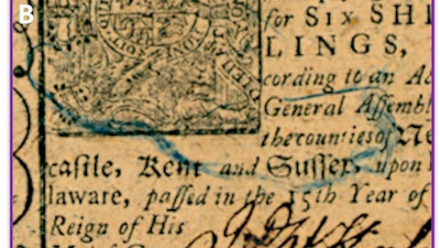 In this image provided by Proceedings of the National Academy of Sciences, blue threads can be seen in a six shillings Delaware note printed by J. Adams on January 1, 1776. Counterfeiters found it difficult to duplicate the note.