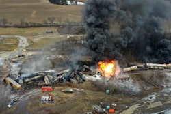 This photo taken with a drone shows portions of a Norfolk and Southern freight train that derailed Friday night in East Palestine, Ohio are still on fire at mid-day Saturday, Feb. 4, 2023.