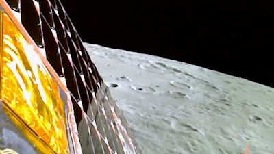 This image from video provided by the Indian Space Research Organisation shows the surface of the moon as the Chandrayaan-3 spacecraft prepares for landing on Wednesday, Aug. 23, 2023.